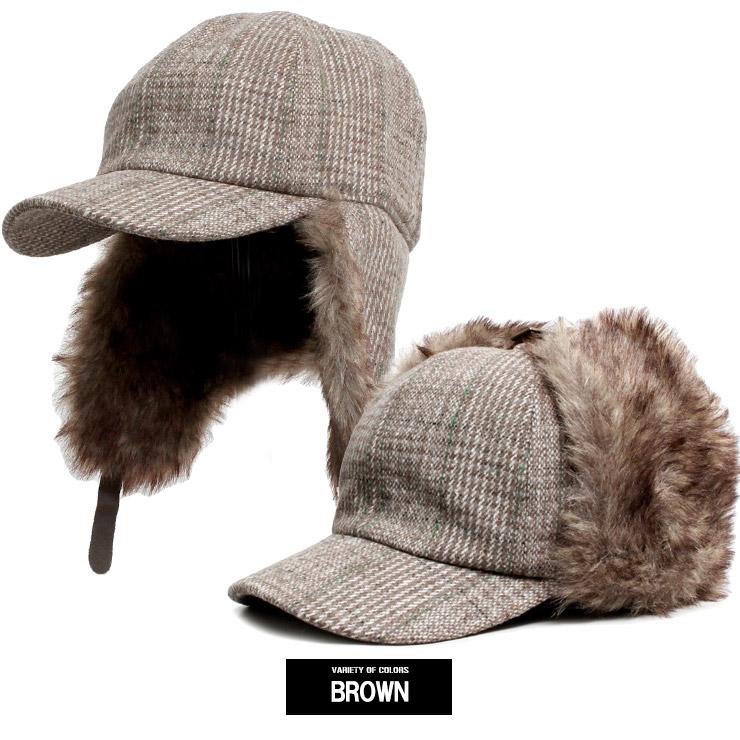 セール イヤー ファー ウール チェック キャップ メンズ 耳当て付き