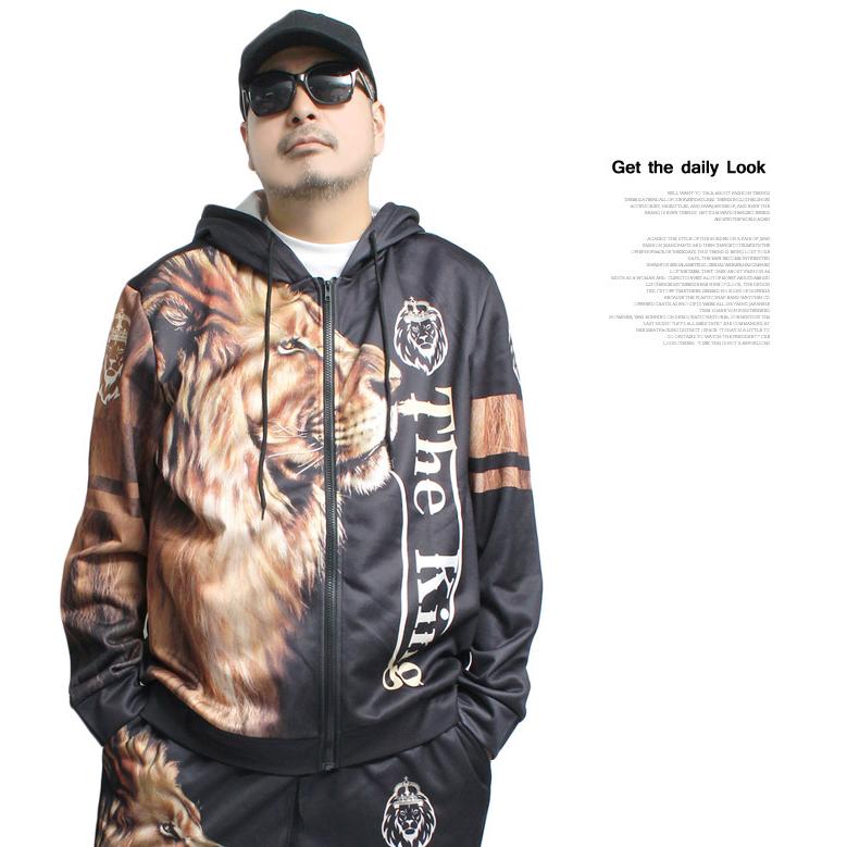THUG LIFE ライオンプリント ジャージセット セットアップ メンズ 大きいサイズ ライオン プリント 薄手 裏起毛