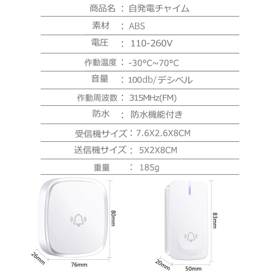 【送料無料 即納 新品】ワイヤレスチャイム 多仕様 自動発電 電池不要 呼び鈴 玄関チャイム 介護 大音量 飲食店 玄関 浴室 防水 防塵 自発電 工事不要 チャイム｜kingyama｜10