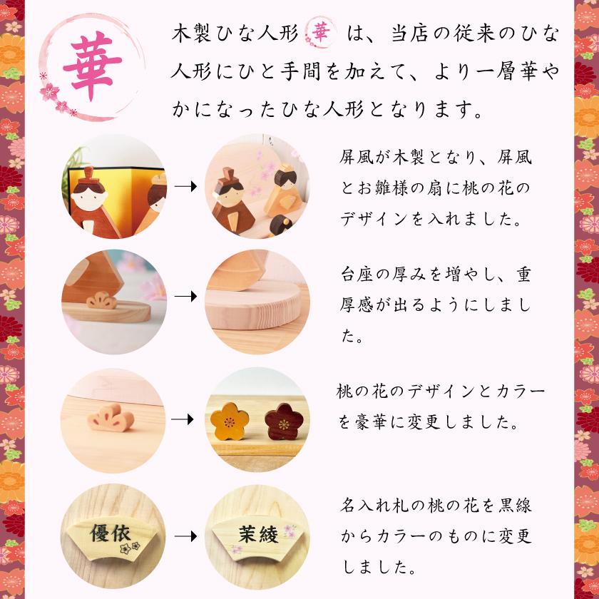 雛飾り 雛人形 木製 ひな人形 華 シリーズ 二段 五人飾り 三人官女 セット お雛様 コンパクト ひな祭り 桃の節句 名入れ ひのき 栂 木目 手のひらサイズ 御祝_6
