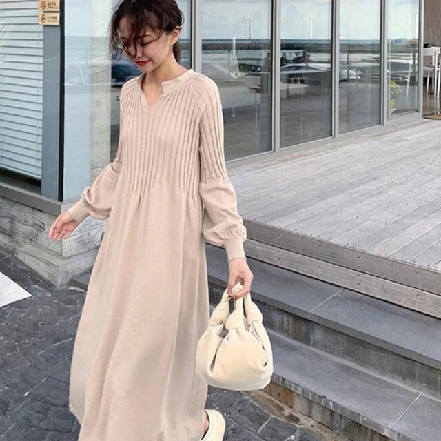 ワンピース レディース スリム 無地 ボリューム袖 ロング丈 長袖 Aライン 美シルエット ポケット付き 楽ちん 日本最大の