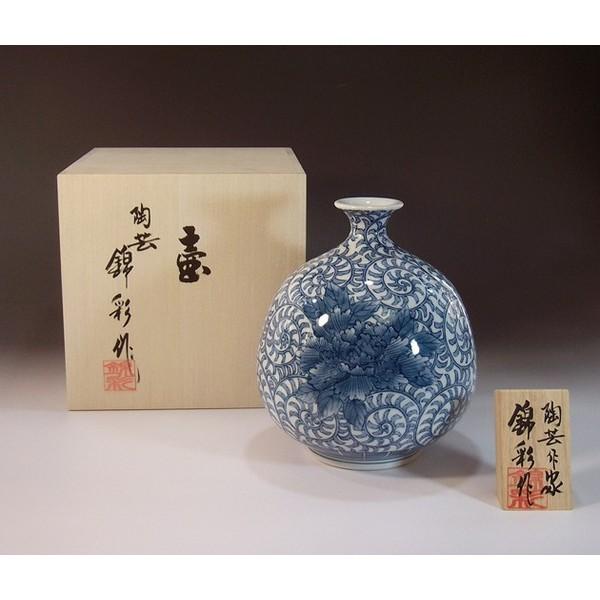 有田焼 染付唐草牡丹絵花瓶｜陶芸作家 藤井錦彩 作 : 有田焼 藤井錦彩