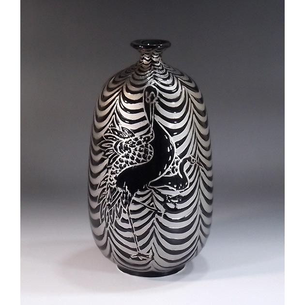 天目釉プラチナ彩夫婦鶴絵花瓶｜有田焼 陶芸作家 藤井錦彩作 : 有田焼