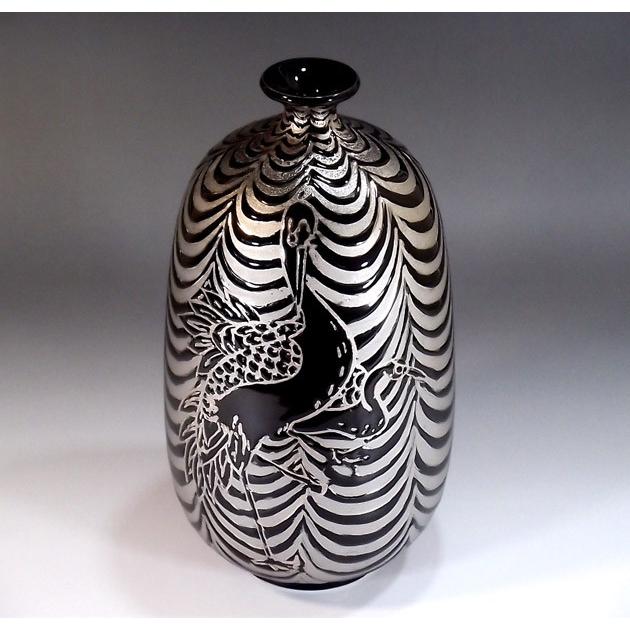 天目釉プラチナ彩夫婦鶴絵花瓶｜有田焼 陶芸作家 藤井錦彩作 : 有田焼