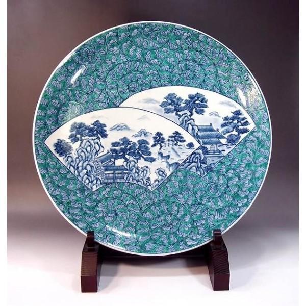 有田焼 染錦唐草扇割山水絵飾り大皿｜陶芸作家　藤井錦彩 作