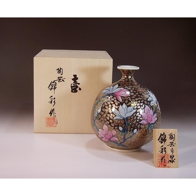 染錦プラチナ彩木蓮絵花瓶｜有田焼 陶芸作家 藤井錦彩作 : 有田焼 藤井
