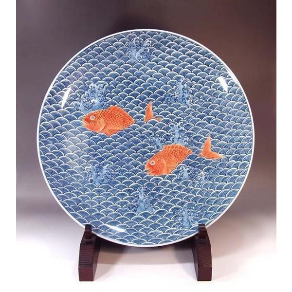 九谷 錦園 金彩 紅梅 図 九角 大皿 直径35.5cm 九谷 錦園 金彩 紅梅 図