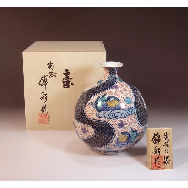 染錦金彩流水割青海波鴛鴦絵花瓶｜有田焼 陶芸作家 藤井錦