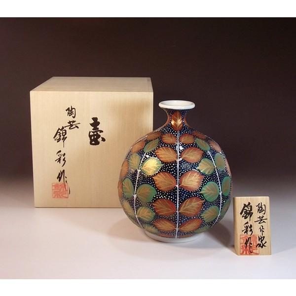 有田焼 染錦金彩木の葉白点文様花瓶｜陶芸作家　藤井錦彩 作
