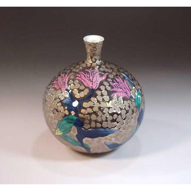 有田焼 陶芸家 藤井錦彩作 染錦プラチナ彩不如帰絵飾り花瓶 : 有田焼