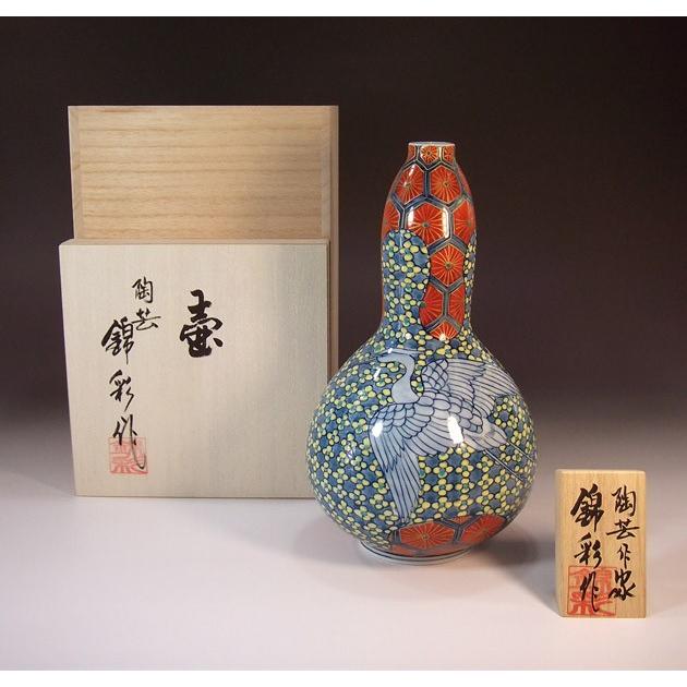 染錦金彩亀甲文様割小梅ちらし鷺絵花瓶｜有田焼 陶芸作家　藤井錦彩作