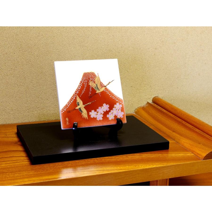 辰砂釉金彩赤富士山桜鶴絵陶板画｜有田焼 陶芸作家 藤井錦彩作