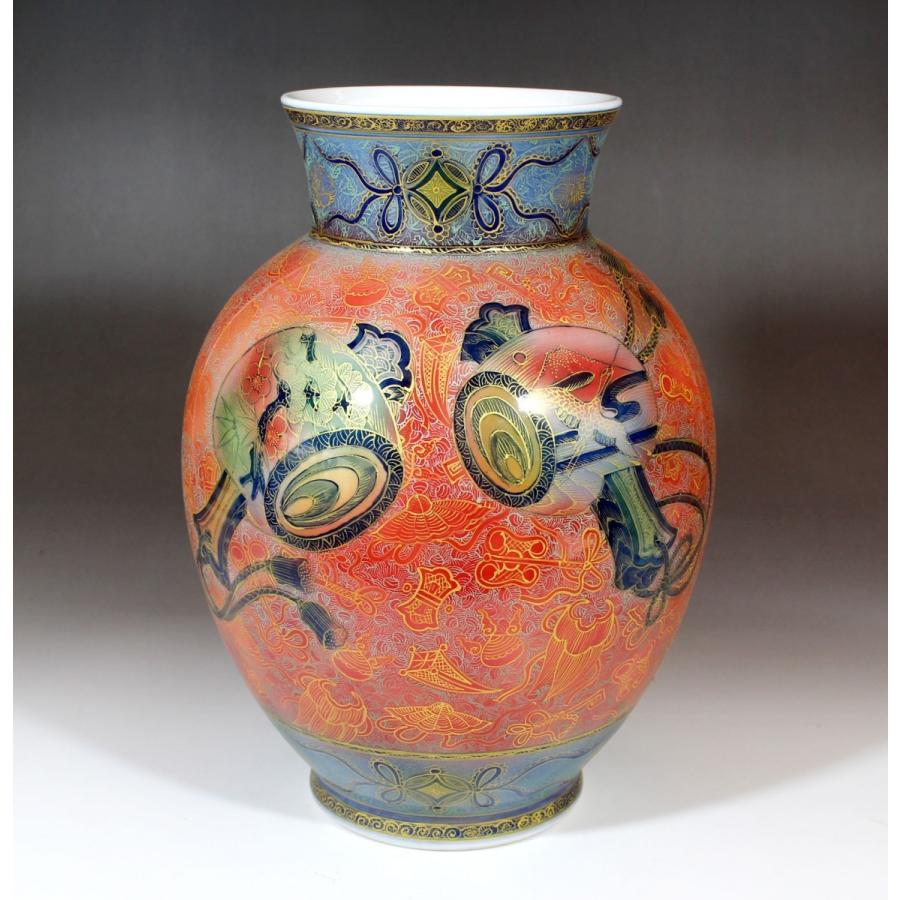 金襴手表現スタイル釉裏彩吉祥小槌絵花立て｜有田焼 陶物作り絵描き 藤井錦彩作