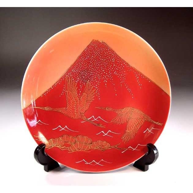 吉祥文様 辰砂釉金彩赤富士山松鶴絵飾り皿｜有田焼 陶芸作家 藤井錦彩