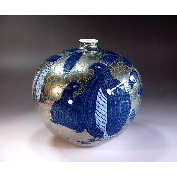 有田焼 染錦プラチナ彩鶉絵花瓶｜陶芸作家　藤井錦彩 作