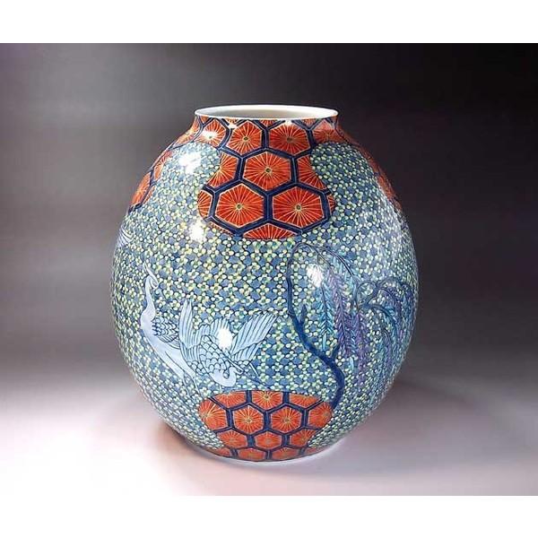 有田焼 金彩亀甲文様割小梅ちらし鷺絵花瓶｜陶芸作家　藤井錦彩 作