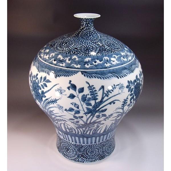 有田焼陶芸作家 藤井錦彩作「蛸唐草山水絵 壺」大型 染付花瓶 H1257