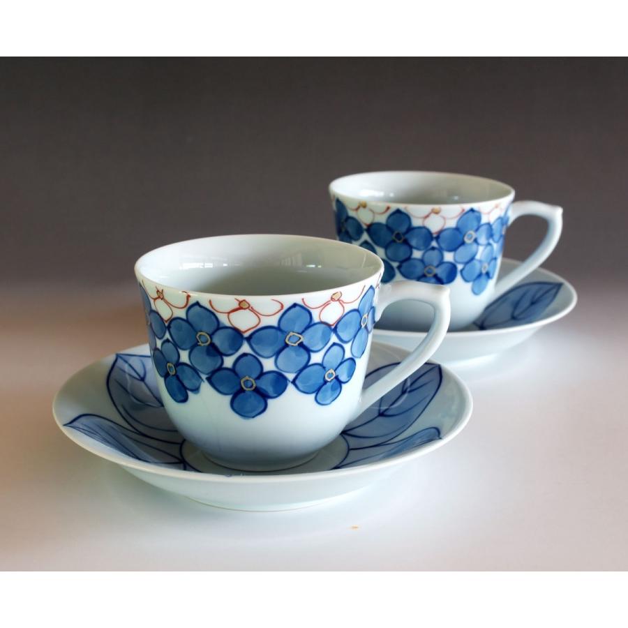 有田焼 陶芸家 藤井錦彩作 染錦金彩紫陽花絵コーヒーカップペアセット