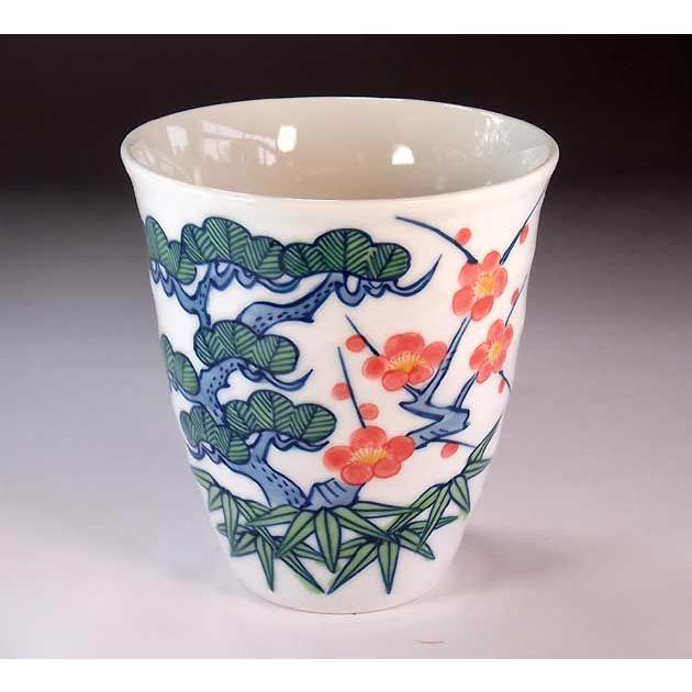 有田焼 陶芸家 藤井錦彩作 吉祥文様 色鍋島松竹梅絵フリーカップペア