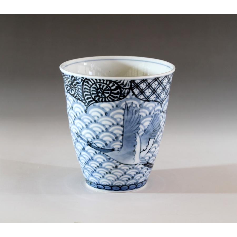 有田焼 陶芸家 藤井錦彩作 青磁古染付鶴絵湯飲み : 有田焼 藤井