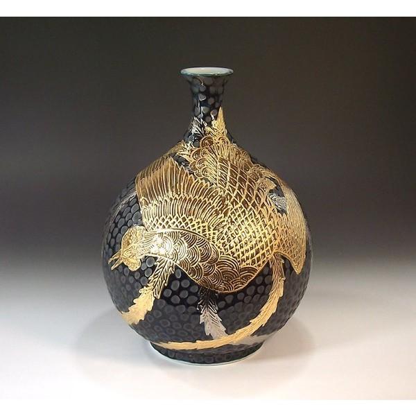 有田焼 鉄釉金彩・プラチナ彩鳳凰絵花瓶｜陶芸作家　藤井錦彩 作