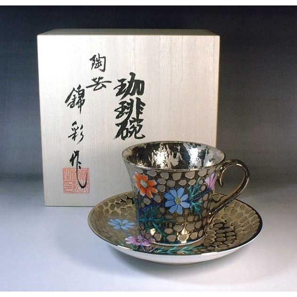有田焼 染錦プラチナ彩コスモス絵コーヒーカップ｜陶芸家　藤井錦彩作