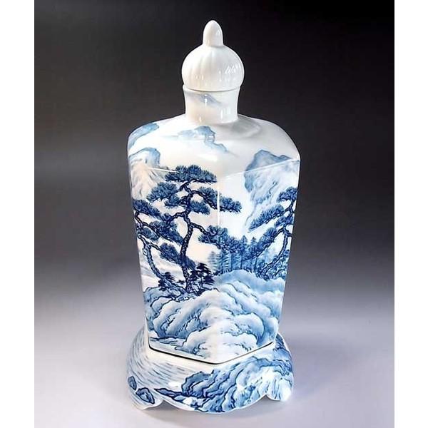 有田焼 染付山水画飾り六角壺｜陶芸作家 藤井錦彩 作 : 有田焼 藤井錦