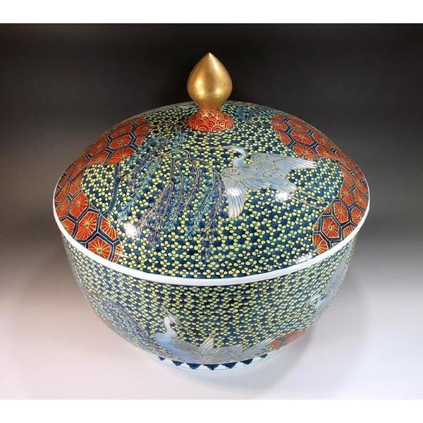 有田焼　金欄手様式亀甲文様梅鷺絵飾り蓋壷｜陶芸作家　藤井錦彩 作_1