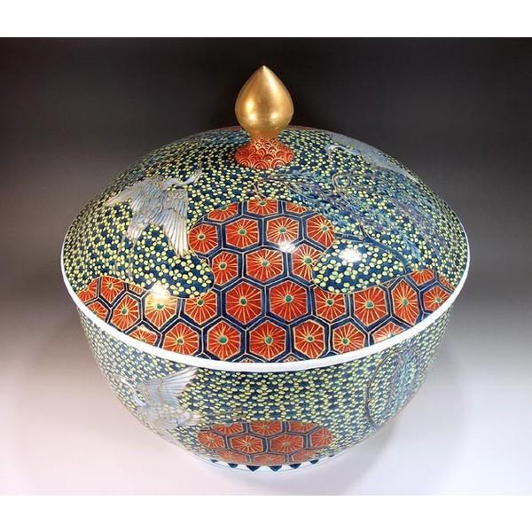 有田焼　金欄手様式亀甲文様梅鷺絵飾り蓋壷｜陶芸作家　藤井錦彩 作_3