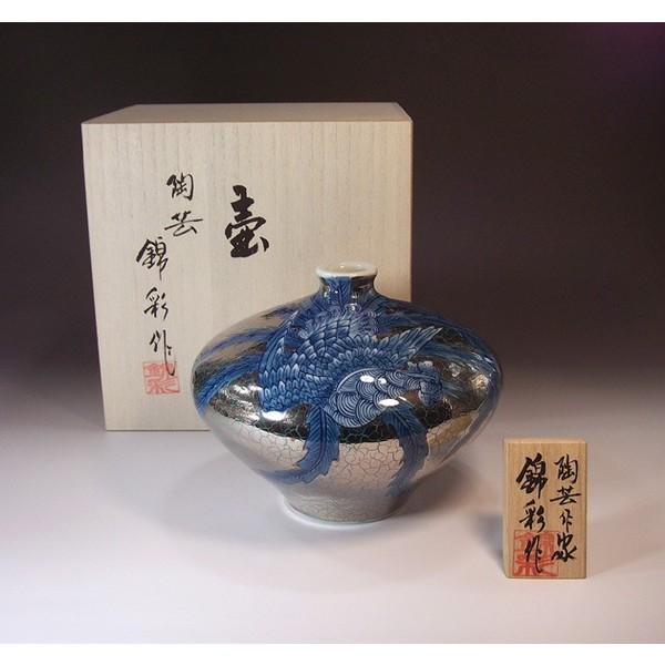 有田焼 染錦緑地プラチナ彩鳳凰絵花瓶｜陶芸作家　藤井錦彩 作