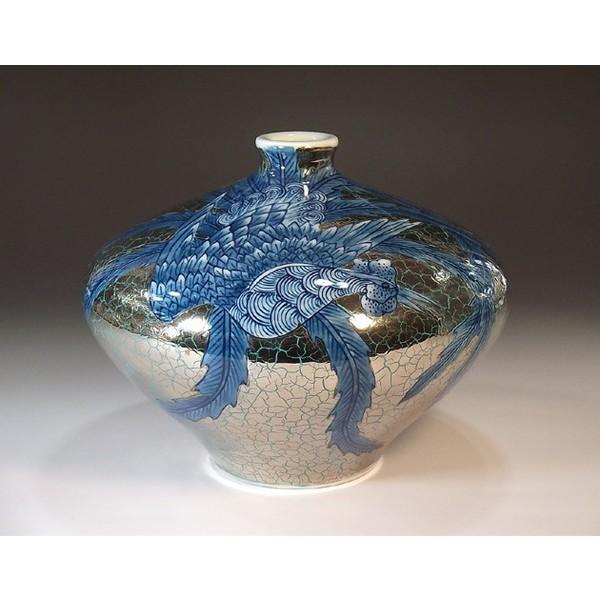 有田焼 染錦緑地プラチナ彩鳳凰絵花瓶｜陶芸作家　藤井錦彩 作_1