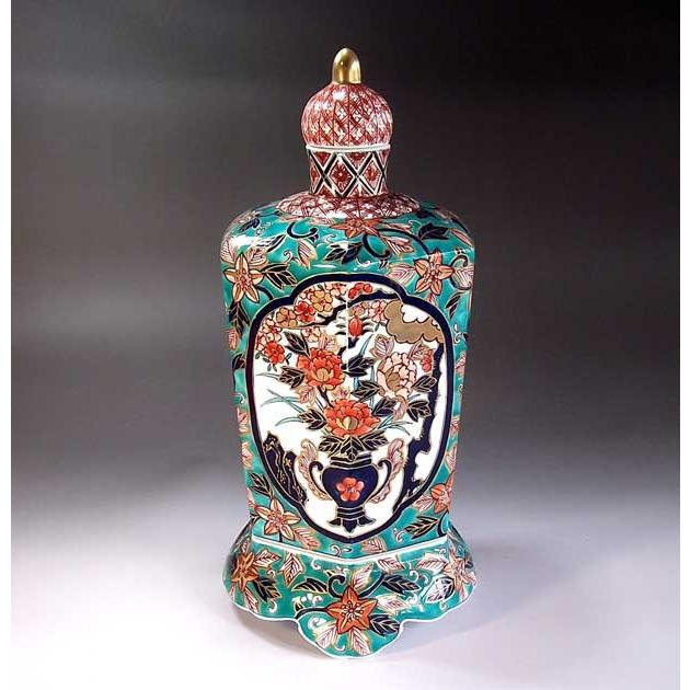 古伊万里　花瓶　壺　有田焼　GOLDIMARI　結び　金襴手　骨董　伊万里焼 古伊万里様式金欄手花篭図飾り六角壺｜有田焼 陶芸作家 藤井錦彩作