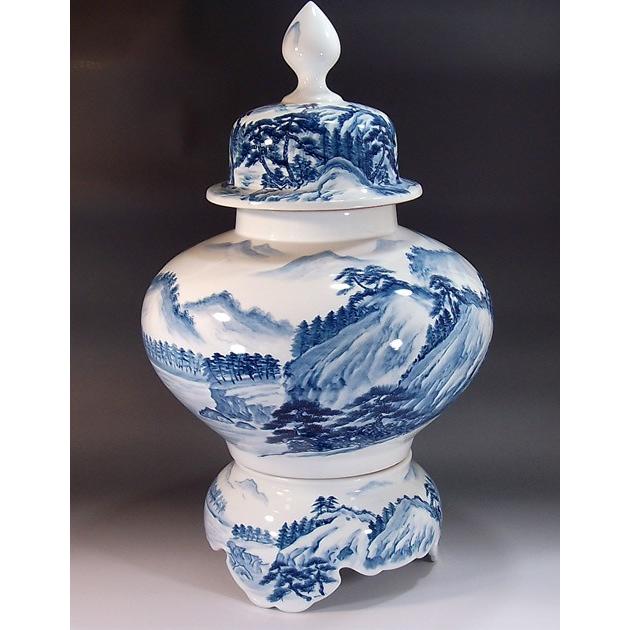 染付山水画飾り沈香壺｜有田焼 陶芸作家 藤井錦彩作 : 有田焼 藤井錦彩