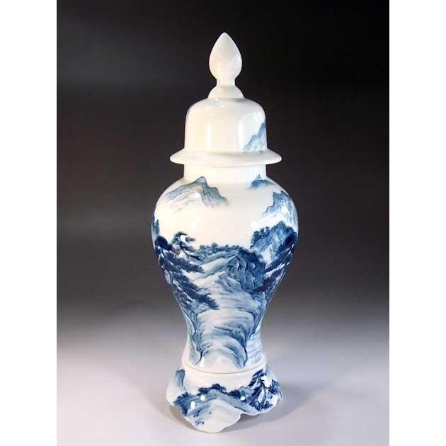 古伊万里様式染付山水画飾り沈香壺｜有田焼 陶芸作家 藤井錦彩作