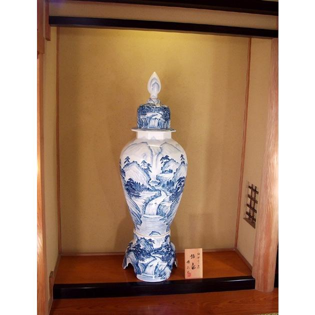 染付山水画飾り特大八角沈香壺|有田焼 陶芸作家 藤井錦彩作 染付山水画飾り特大八角沈香壺|有田焼 陶芸作家 藤井錦彩作