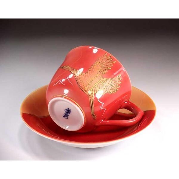 有田焼 辰砂釉金彩吉祥富士山鶴絵コーヒーカップ・ペア２客｜陶芸家　藤井錦彩作_1
