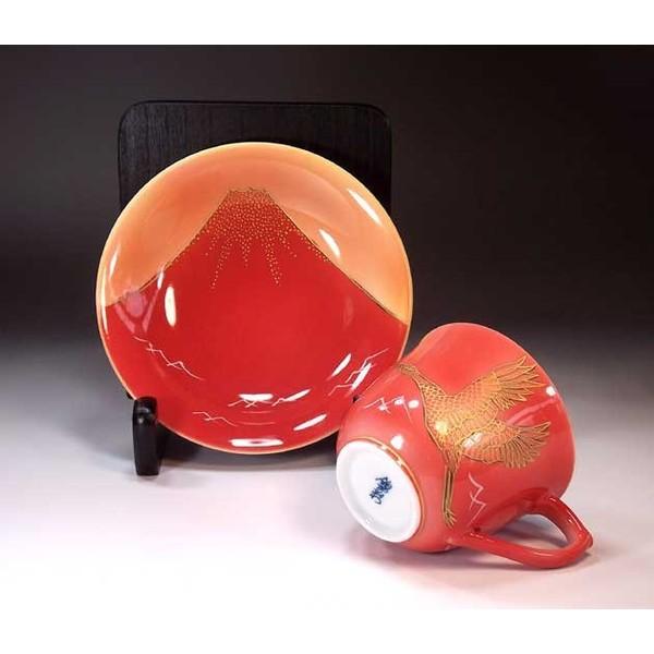 有田焼 辰砂釉金彩吉祥富士山鶴絵コーヒーカップ・ペア２客｜陶芸家　藤井錦彩作_3