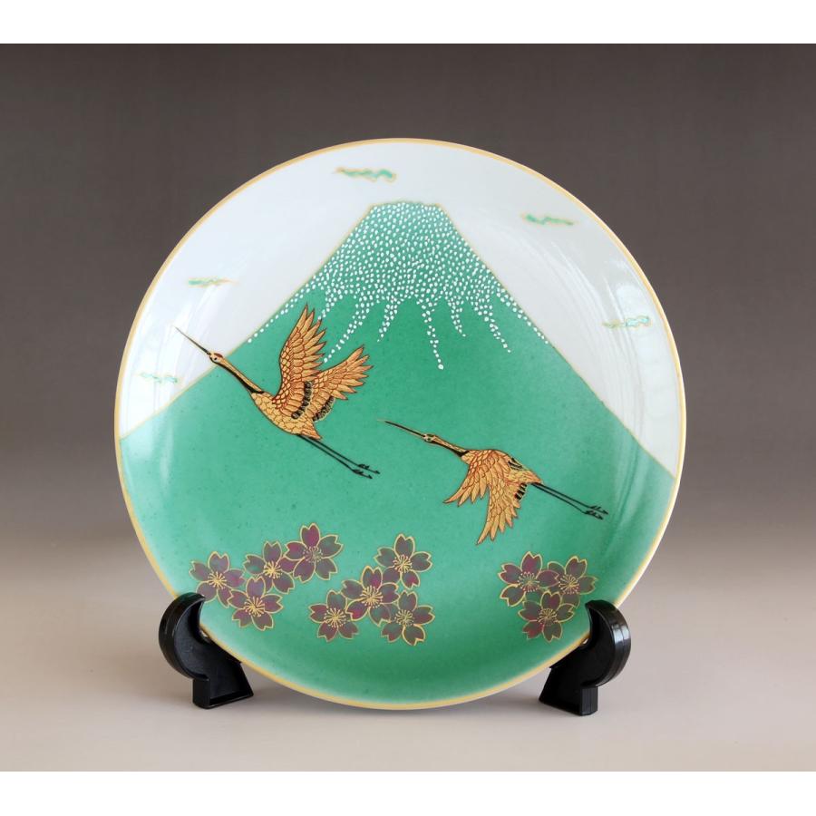 緑彩釉金彩吉祥富士山桜鶴絵飾り皿|有田焼 陶芸作家 藤井錦彩作 緑彩釉金彩吉祥富士山桜鶴絵飾り皿|有田焼 陶芸作家 藤井錦彩作
