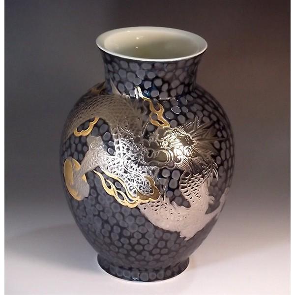 陶磁器/鉄釉風雲龍花瓶 有田焼 鉄釉金彩・プラチナ彩龍絵花瓶｜陶芸作家 藤井錦彩 作 : 有田焼