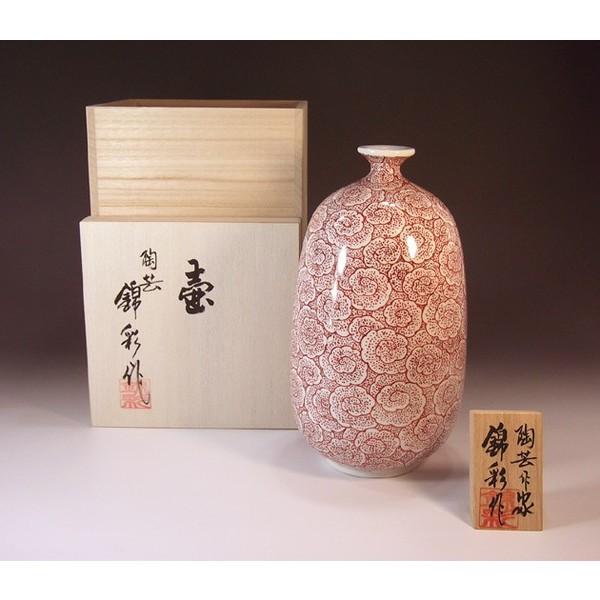 有田焼 染錦朱雲夫婦鶴絵花瓶｜陶芸作家 藤井錦彩 作 : 有田焼 藤井錦