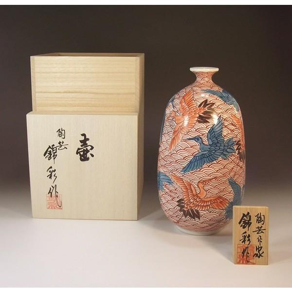 有田焼 染錦青海波群鶴絵花瓶｜陶芸作家　藤井錦彩 作