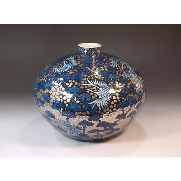 有田焼 染錦プラチナ彩松鶴絵花瓶｜陶芸作家　藤井錦彩 作