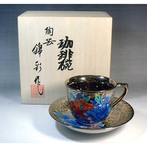 有田焼 染錦プラチナ彩牡丹絵コーヒーカップ｜陶芸家　藤井錦彩作