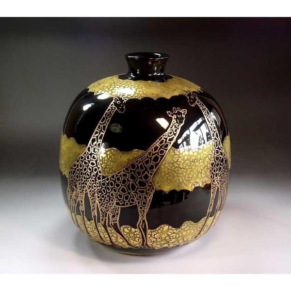新品 有田焼 天目釉金彩キリン絵花瓶 陶芸作家 藤井錦彩 作 工芸品 民芸品 Www We Job Com