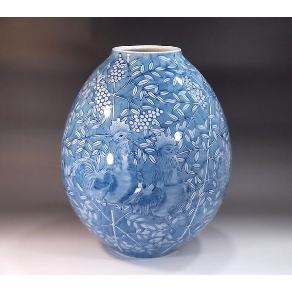 有田焼 染付鶏南天絵花瓶｜陶芸作家　藤井錦彩 作