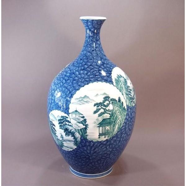 有田焼　染付唐草割山水画特大花瓶｜陶芸作家　藤井錦彩 作