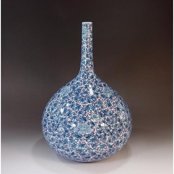 有田焼 色鍋島様式唐草牡丹絵鶴首花瓶｜陶芸作家　藤井錦彩 作