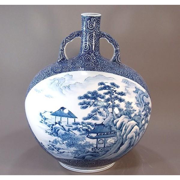 有田焼 染付蛸唐草文様扇割山水画特大花瓶｜陶芸作家 藤井錦彩 作