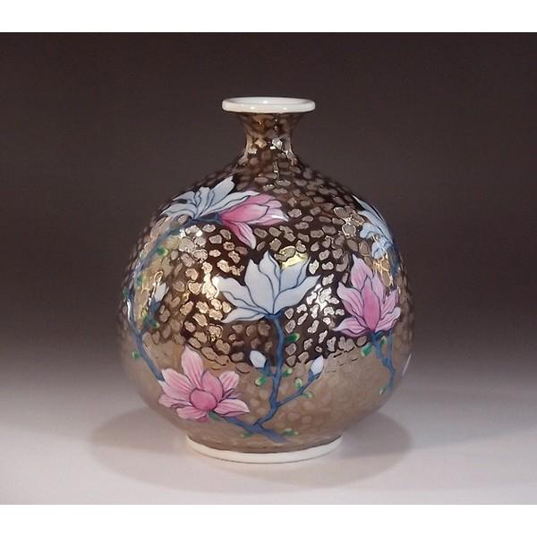 有田焼 染錦プラチナ彩木蓮絵花瓶｜陶芸作家 藤井錦彩 作 : 有田焼