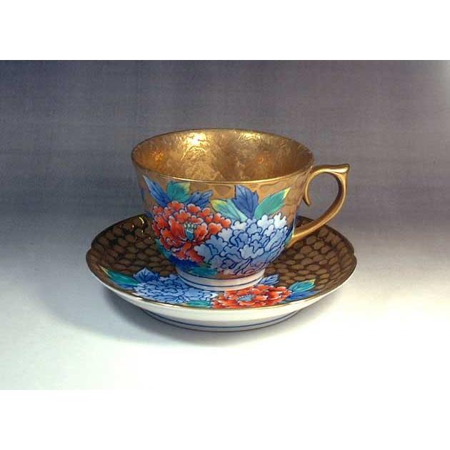 有田焼 陶芸家 藤井錦彩作 染錦黄金牡丹絵コーヒーカップ : 有田焼